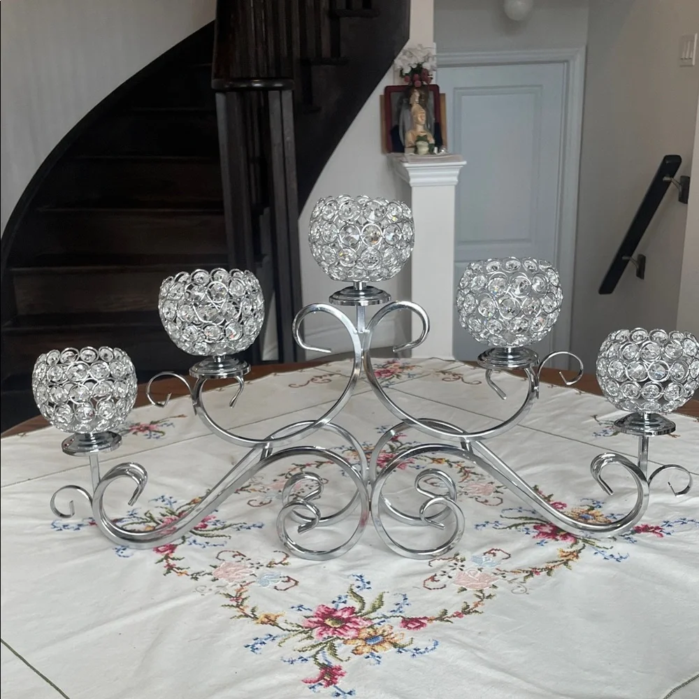 5 Arm Crystal Pendant Bowl Tea Light Candle Holder Table Centerpiece Decorations - Picture 6 of 15